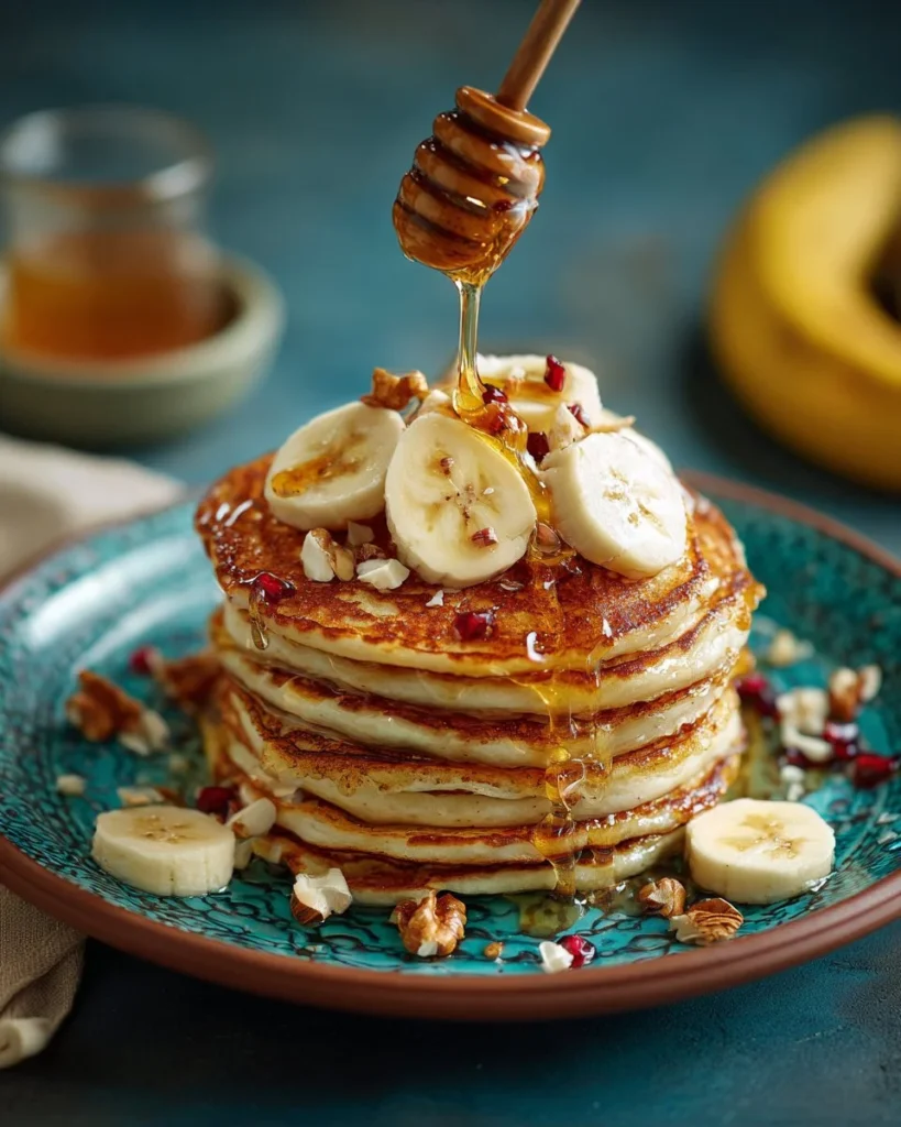 Fluffy Banana Honeycomb Pancakes topped with fresh bananas and honeycomb