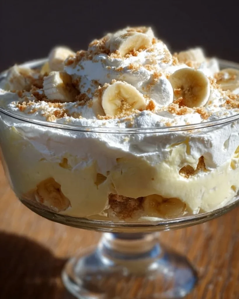 Delicious bowl of Banana Pudding Fluff Salad topped with banana slices and whipped cream.
