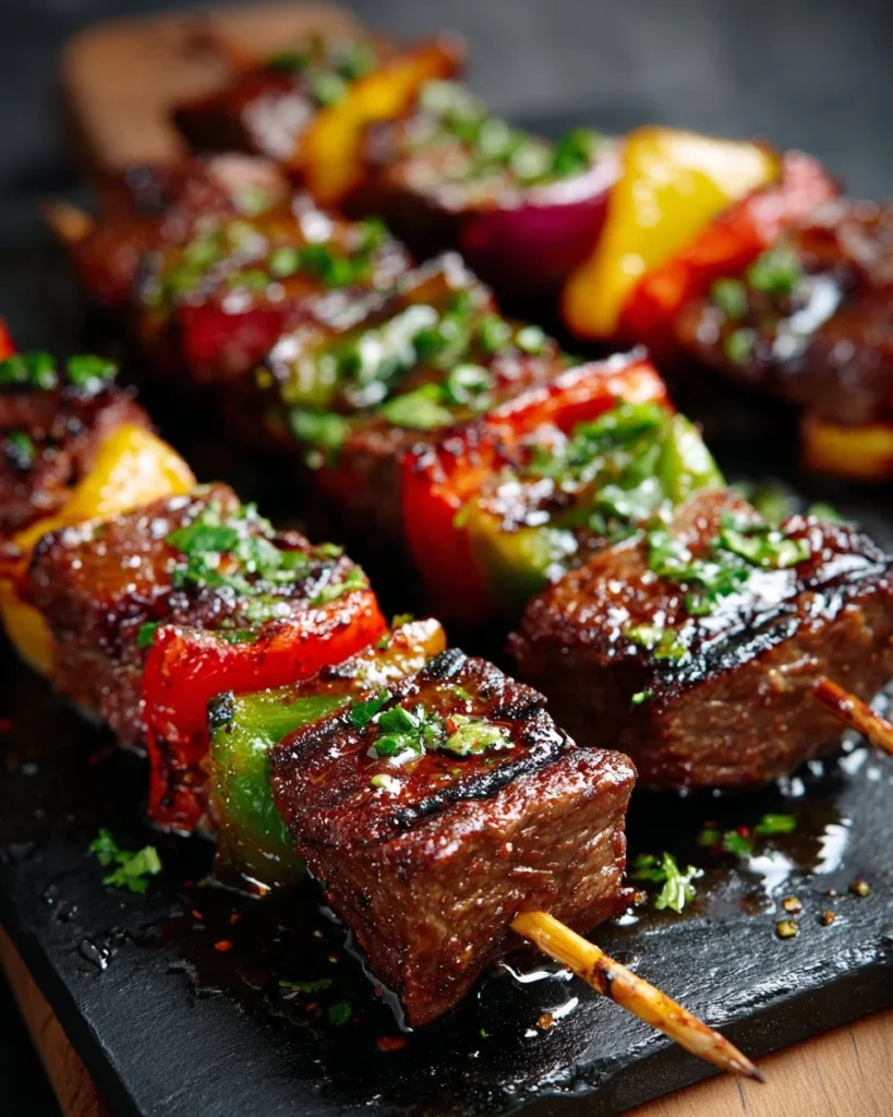 Juicy beef skewers grilled to perfection, served with vegetables