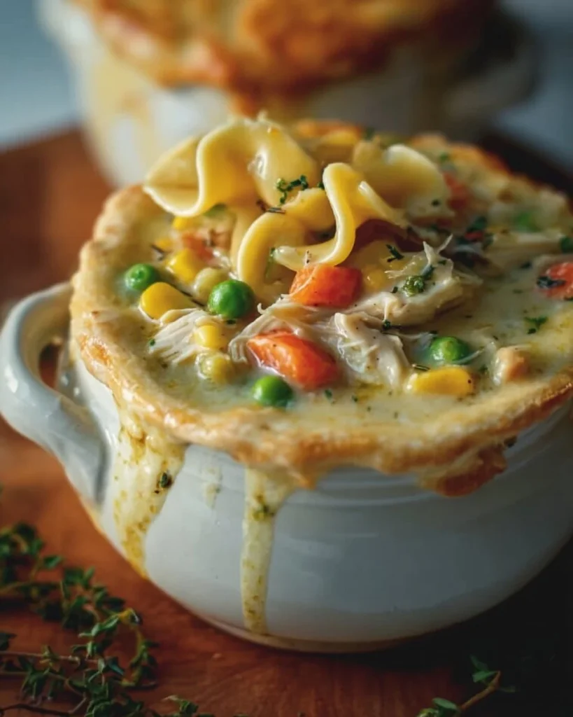 Bowl of creamy chicken pot pie soup topped with herbs and vegetables