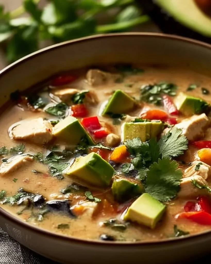 Creamy chicken poblano soup in a bowl, ideal for meal prep and low-carb diets