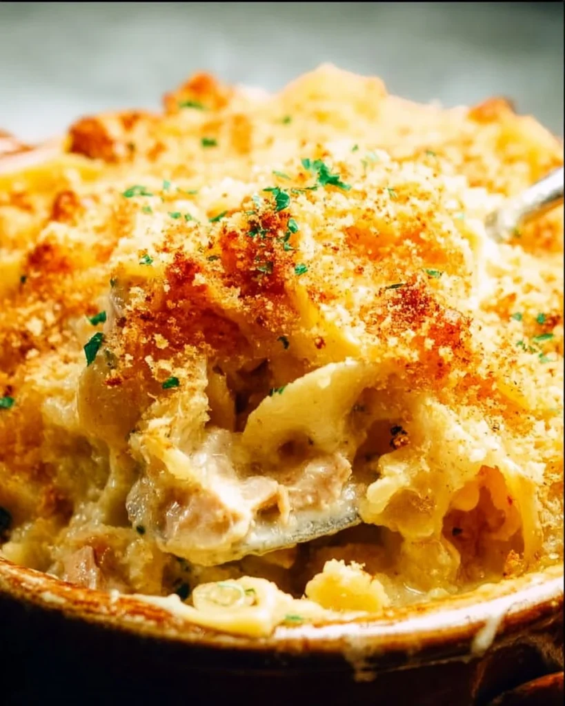Delicious bowl of best ever tuna noodle casserole with creamy sauce and crunchy topping.