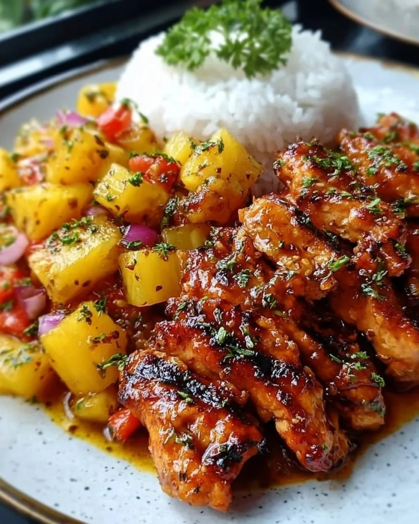 Delicious pineapple chicken dish served on a plate with garnishes