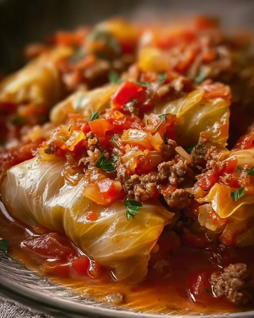 Delicious unstuffed cabbage rolls served in a bowl with herbs and spices
