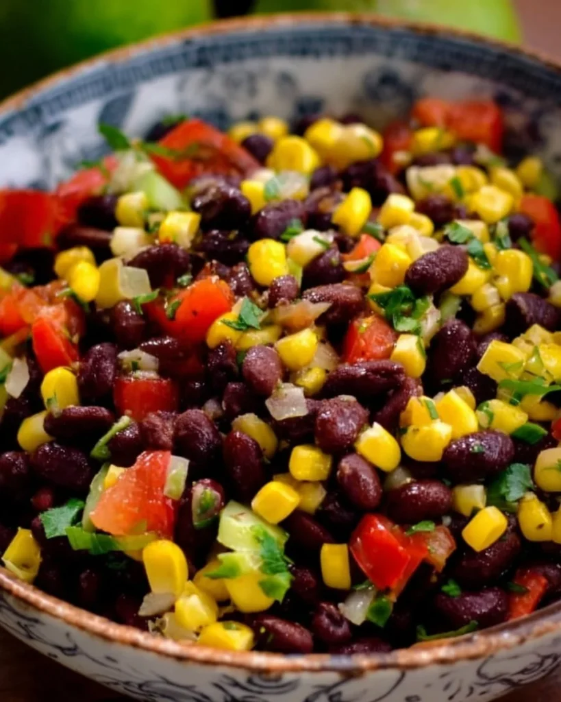 Vibrant Black Bean and Corn Salad served in a bowl, garnished with fresh herbs.