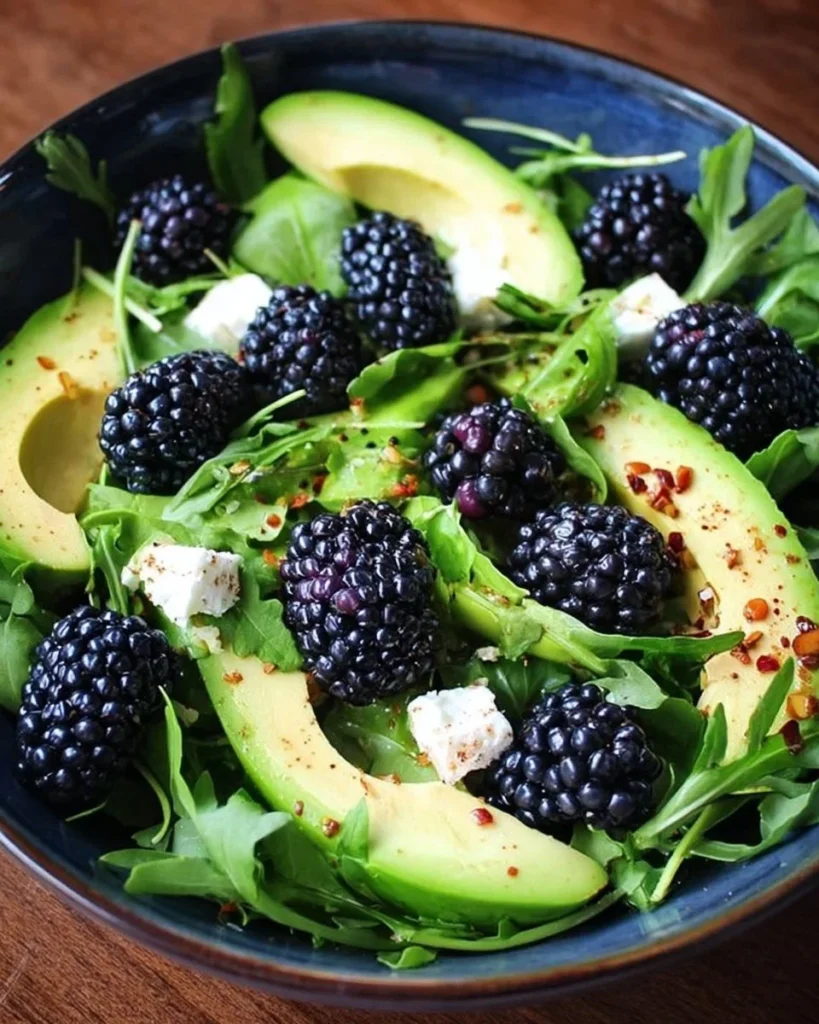 Blackberry avocado arugula salad with vibrant ingredients