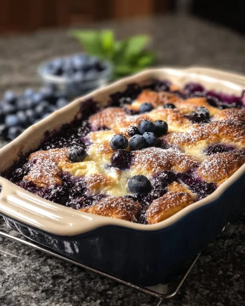 Delicious Blueberry Buttermilk Pancake Casserole served in a baking dish