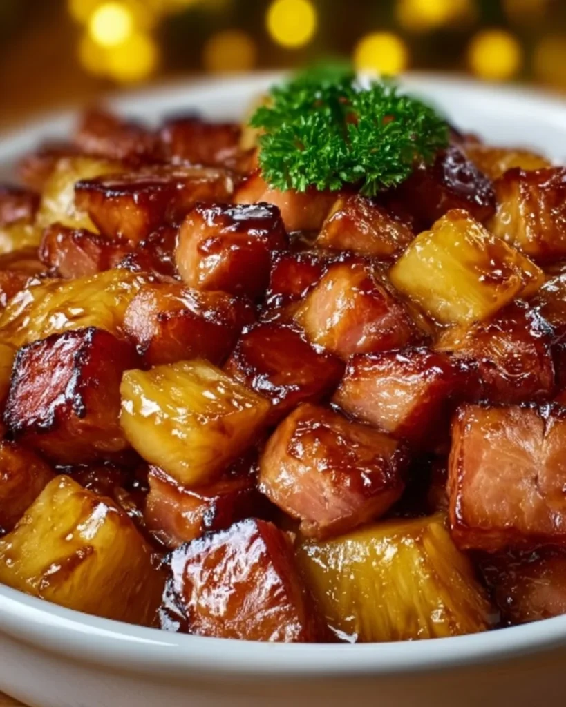 Brown Sugar Pineapple Beef Roast Bake on a platter with fresh herbs and pineapple slices.