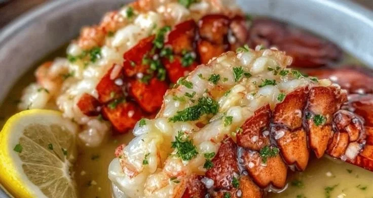 Delicious butter poached lobster tails served elegantly on a plate.