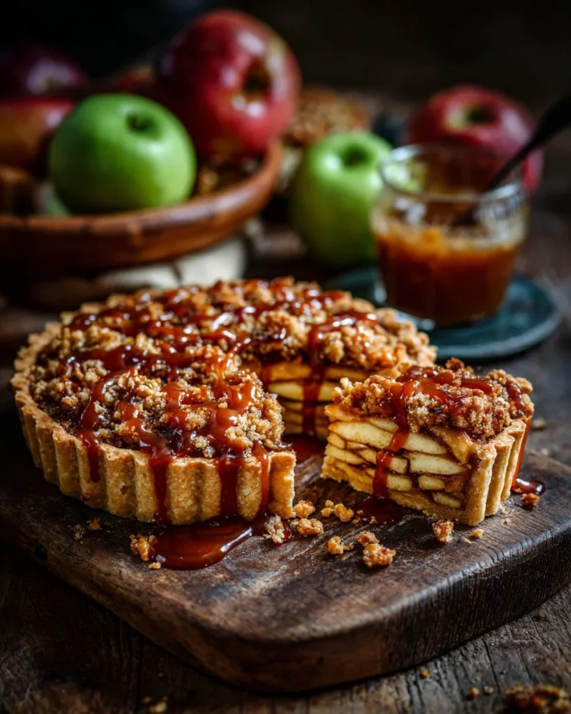 Caramel apple streusel tart topped with caramel drizzle and apple slices