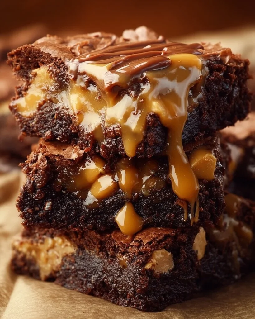 Delicious caramel peanut chocolate brownies topped with rich chocolate sauce.