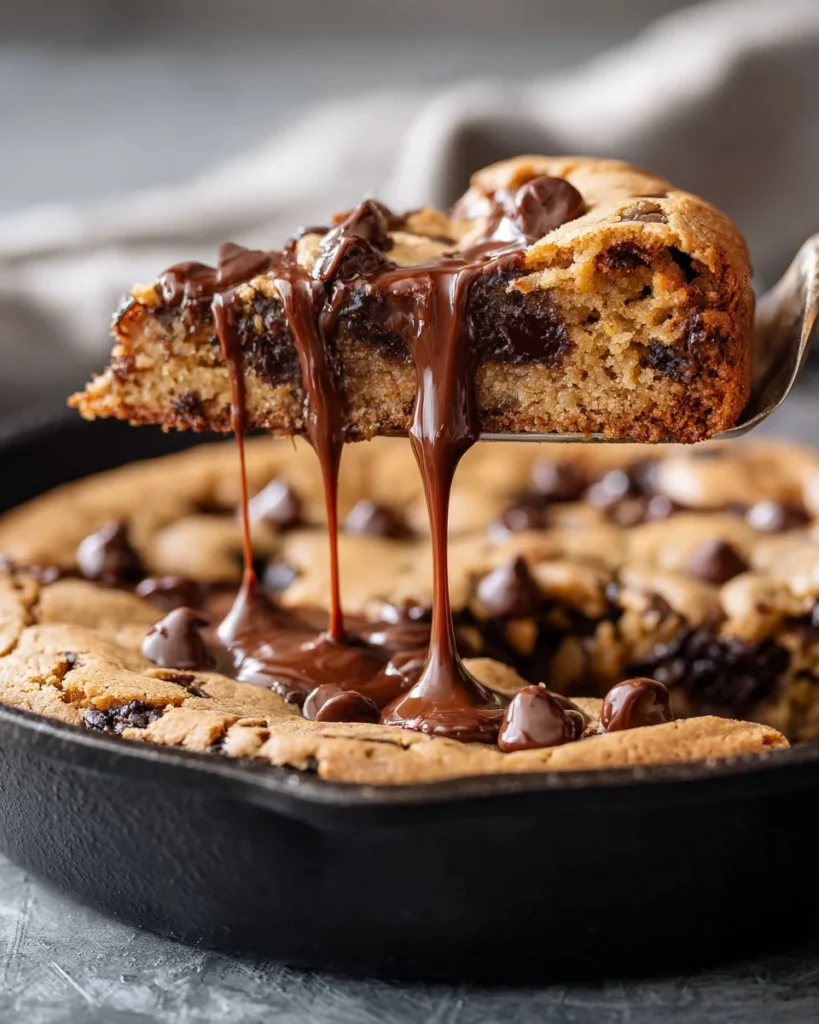 Caramel stuffed chocolate chip skillet cookie fresh out of the oven