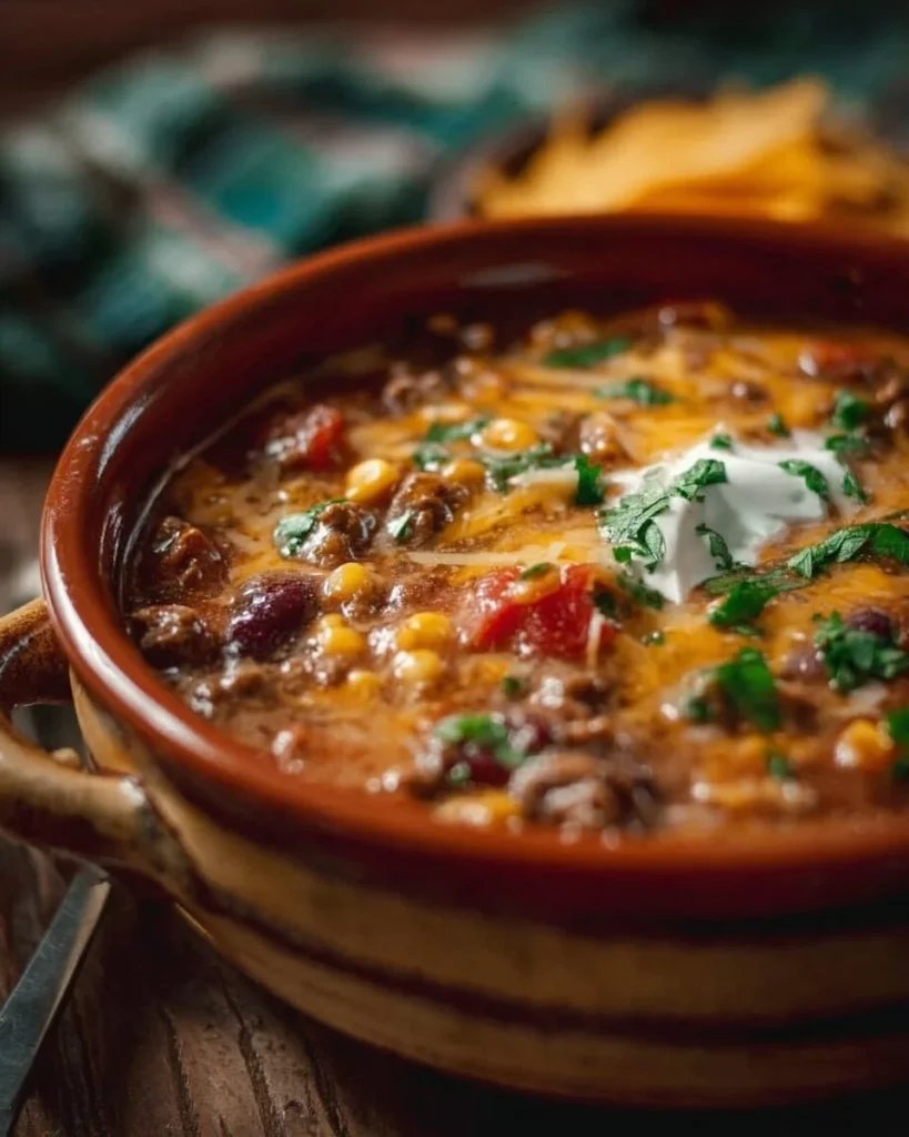 Bowl of Cheesy Enchilada Chili topped with cheese and cilantro
