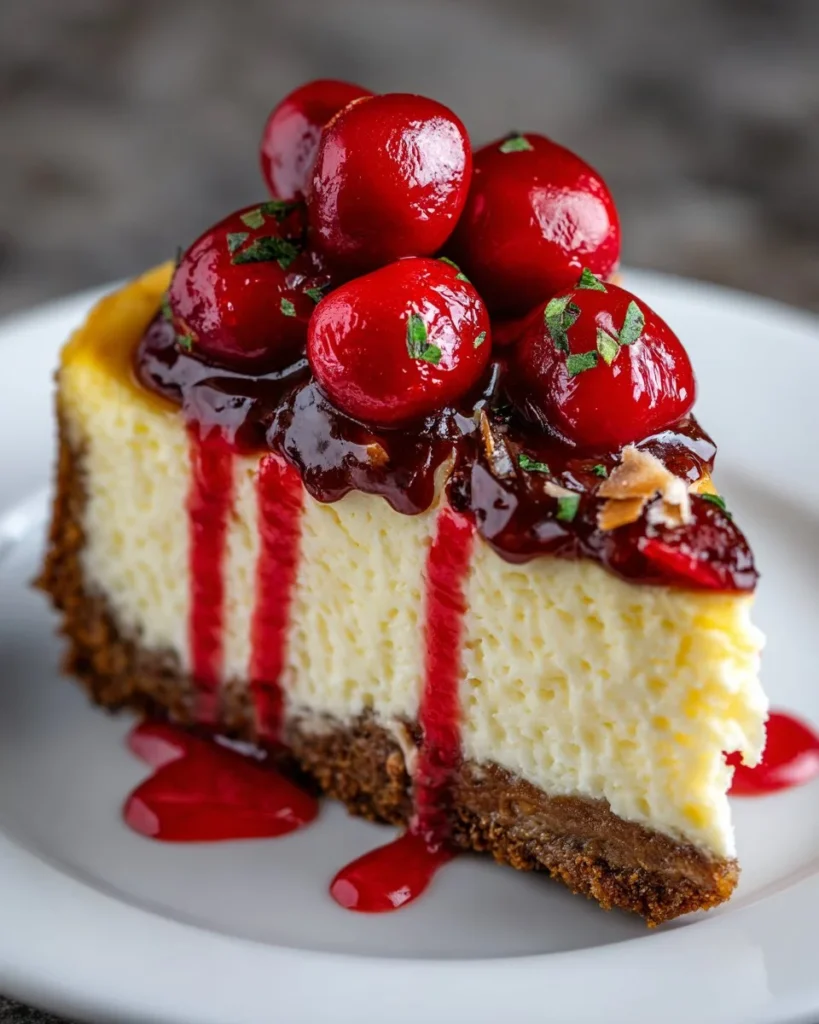Cherry Almond Cheesecake Twist topped with cherries and almonds on a creamy base