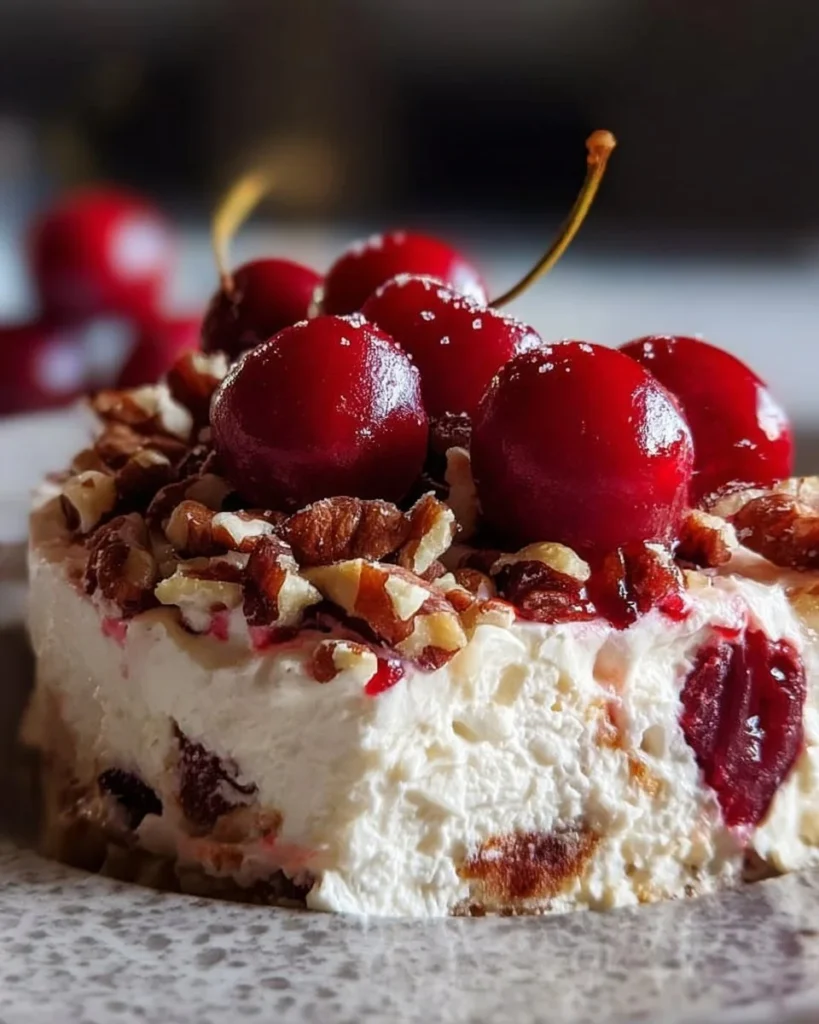Delicious Cherry Pecan Cheesecake Lush with creamy texture and crunchy pecan topping