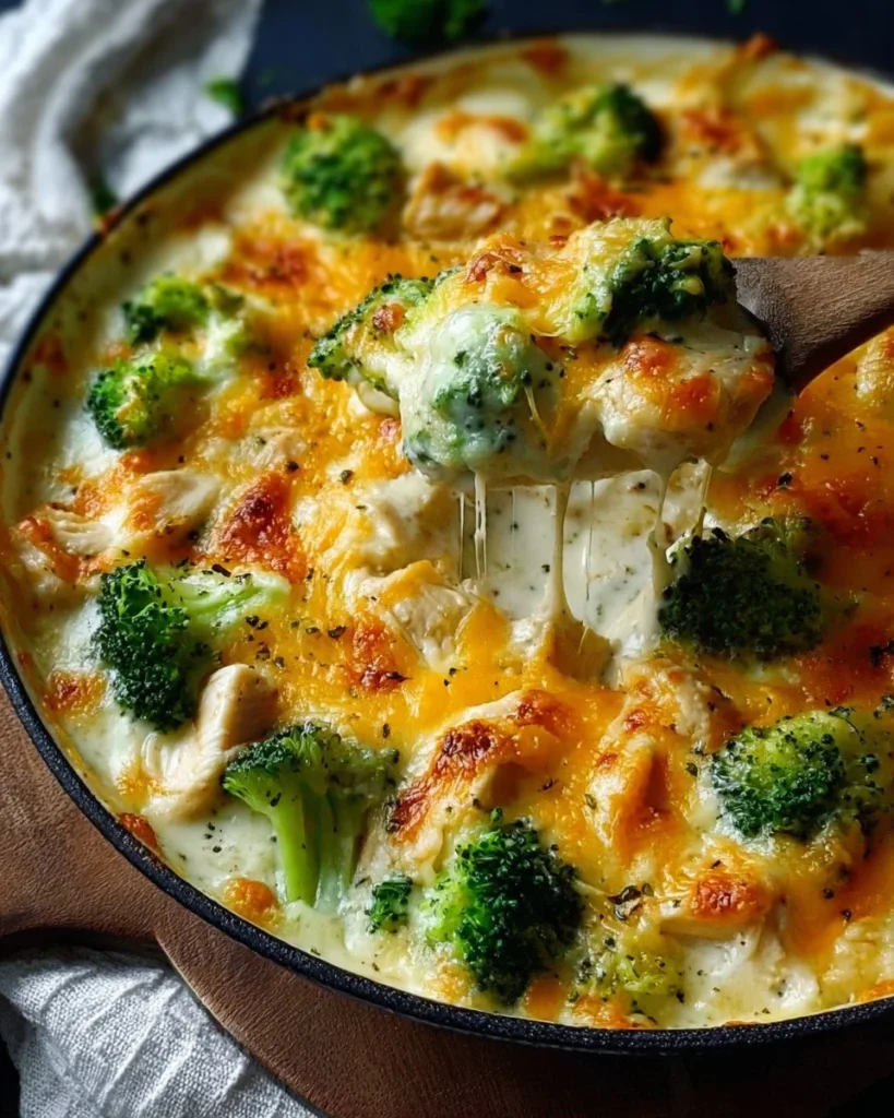 Delicious chicken broccoli bake topped with melted cheese and herbs
