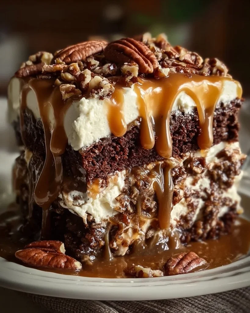 Decadent Chocolate Caramel Pecan Layered Cake with rich caramel and pecans
