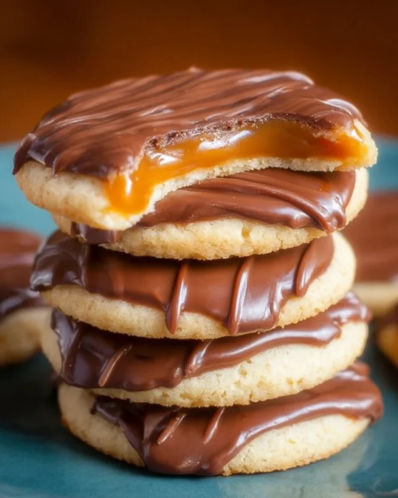 Delicious chocolate caramel shortbread cookies stacked on a plate