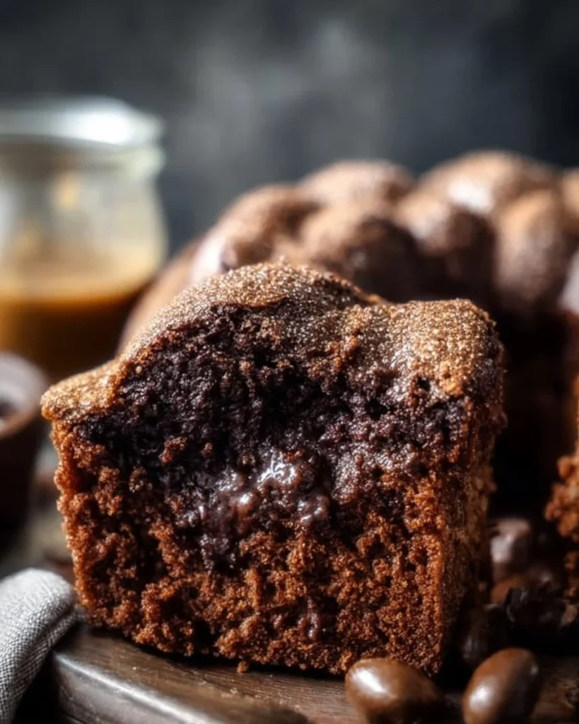 Deliciously moist Chocolate Coffee Cake with frosting on a plate