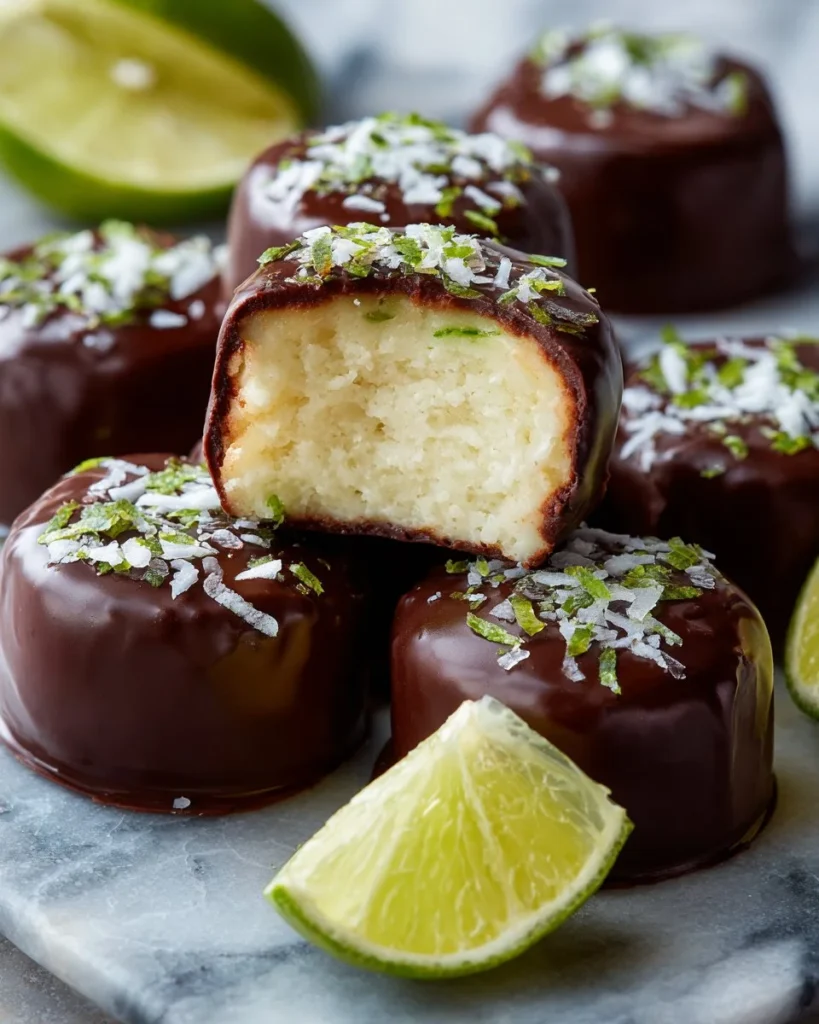 Chocolate covered frozen key lime pie bites on a platter