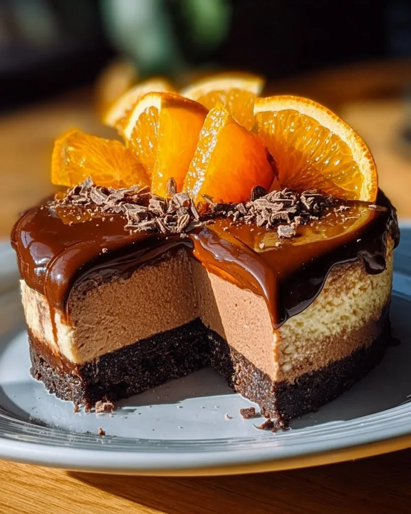 Delicious Chocolate Orange Cheesecake topped with chocolate curls and orange slices