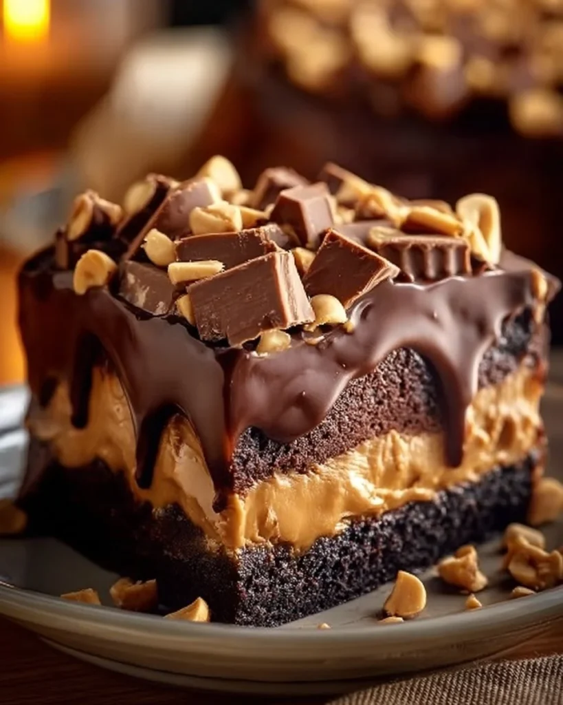 Chocolate Peanut Butter Poke Cake topped with chocolate drizzle and peanut butter frosting.