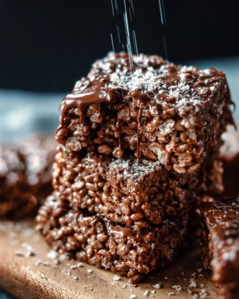 Delicious Chocolate Rice Krispie Treats with melted chocolate and marshmallows