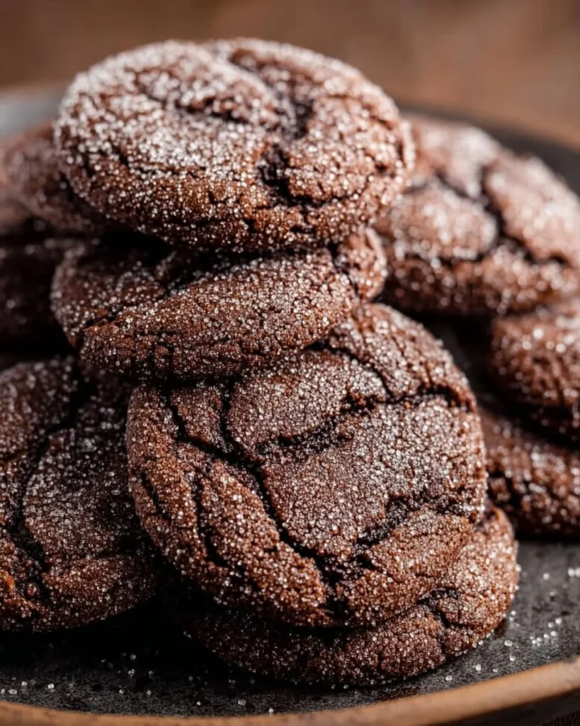 Plate of freshly baked chocolate sugar cookies with chocolate drizzle on top