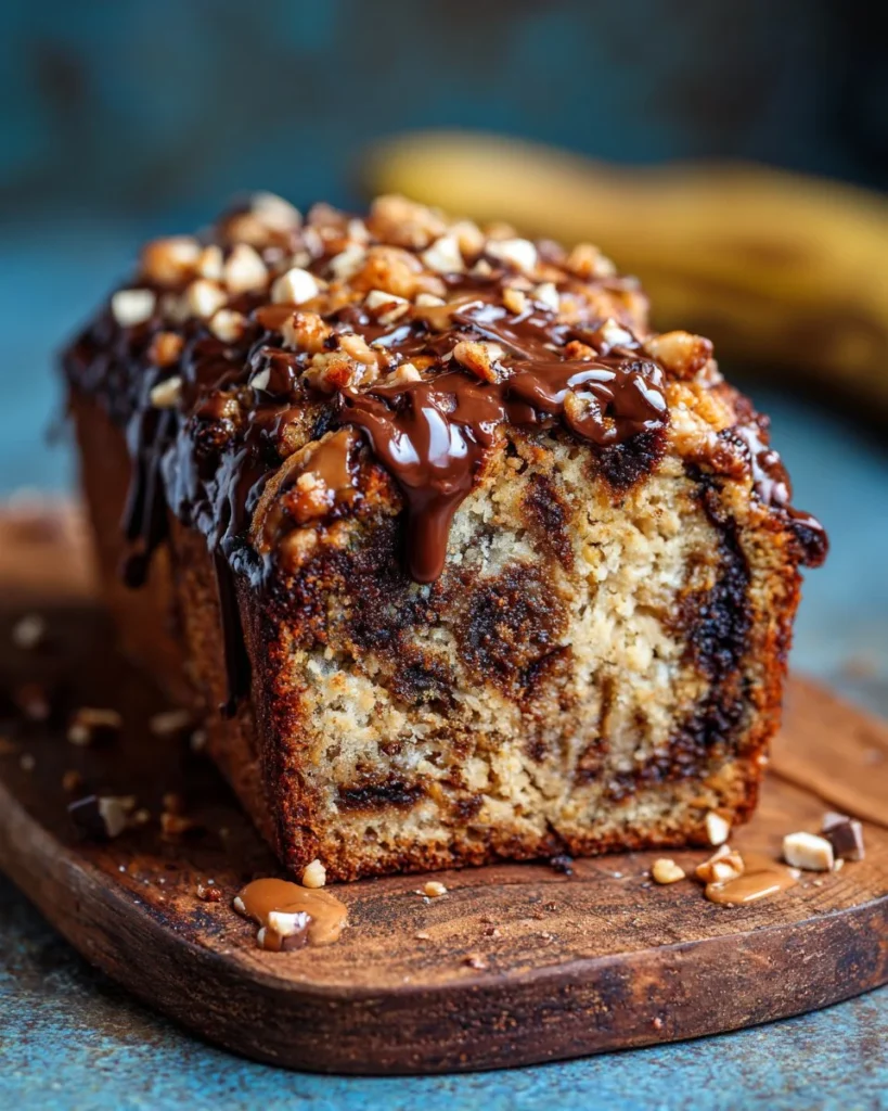 Chunky Monkey Banana Bread Snack Cake with chunks of chocolate and nuts.