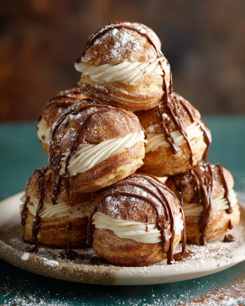 Churro cream puffs filled with sweet cream and coated with cinnamon sugar.