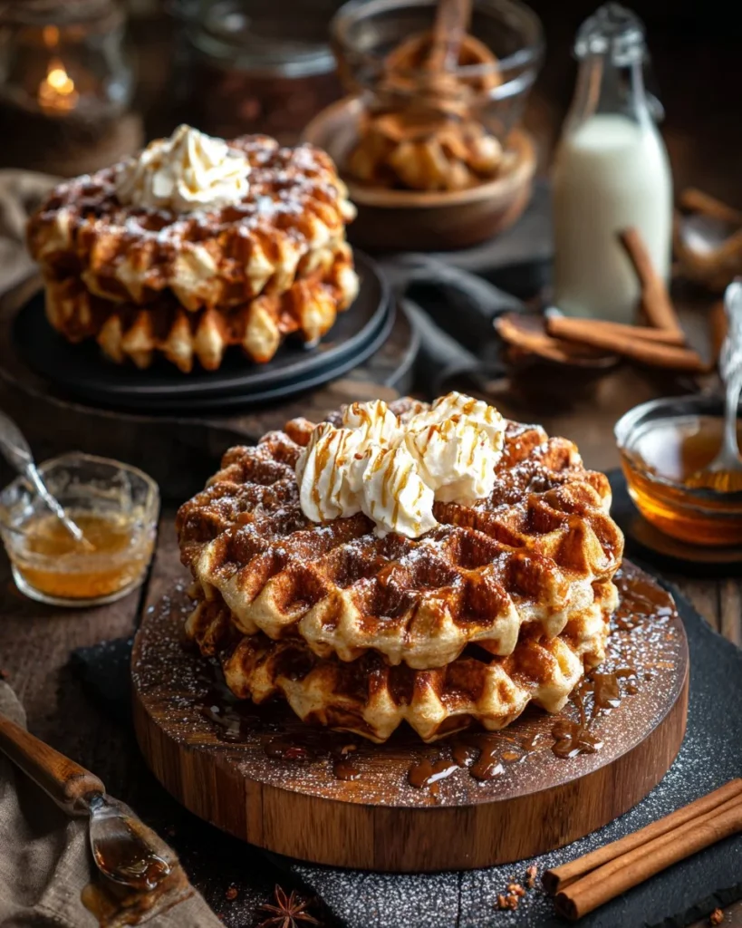 Cinnamon Roll Liège Waffles topped with cinnamon and sugar for a delicious treat.