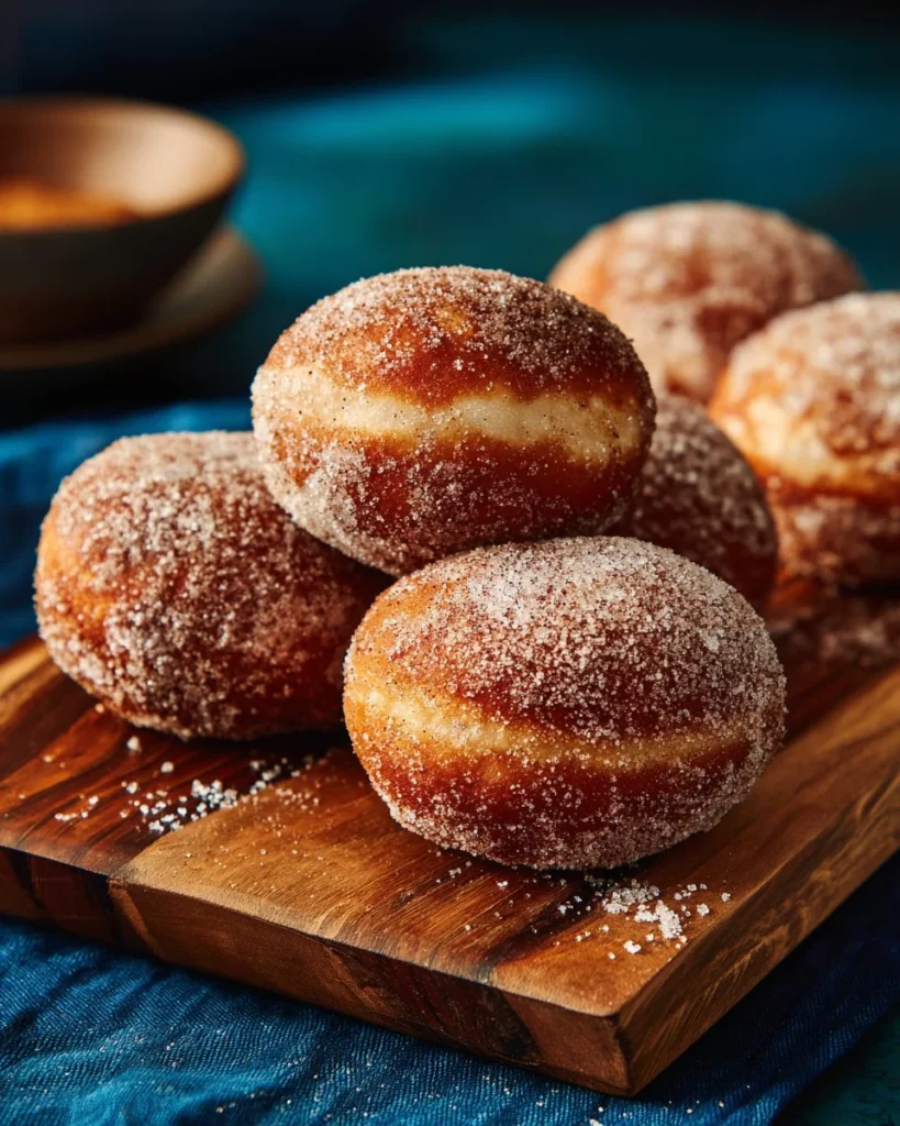 Delicious Cinnamon Sugar Malasadas, fluffy Hawaiian donuts coated in sugar.