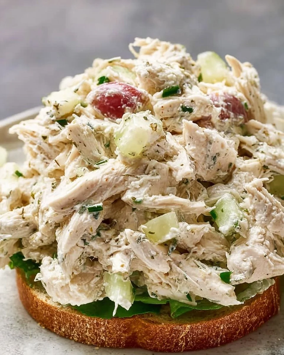 Bowl of classic chicken salad with fresh ingredients and herbs