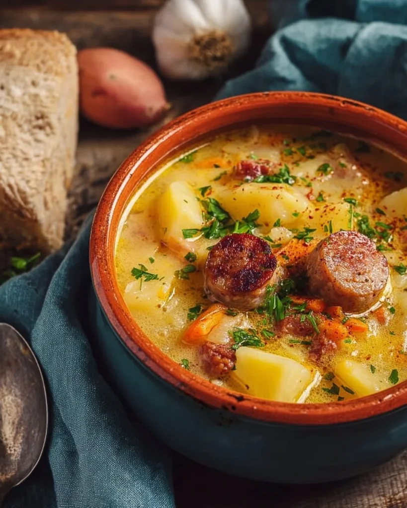 Bowl of classic German potato soup topped with sausage and fresh herbs
