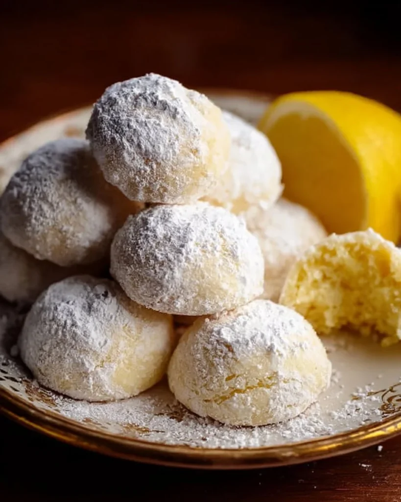 Plate of Classic Lemon Russian Tea Cakes dusted with powdered sugar