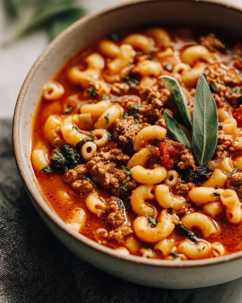 Bowl of classic halal Pasta Fagioli, a comforting bean and pasta dish without bacon