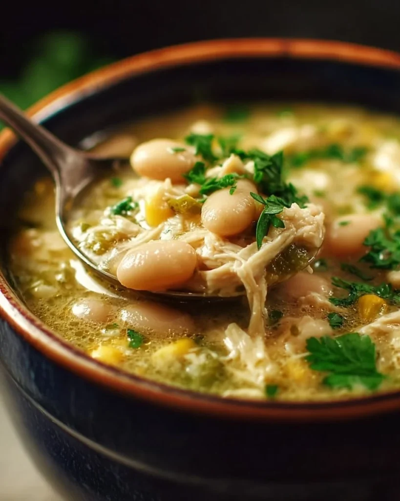 Classic white chicken chili with Great Northern beans served in a bowl