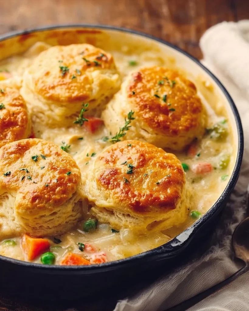 Comforting chicken pot pie topped with biscuits served in a baking dish.
