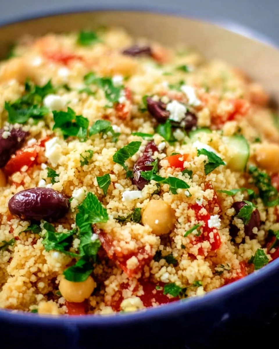 Colorful and fresh couscous salad with vegetables and herbs.