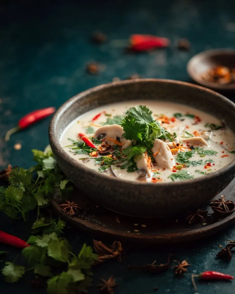 Bowl of cozy authentic Tom Kha Gai soup garnished with fresh herbs.