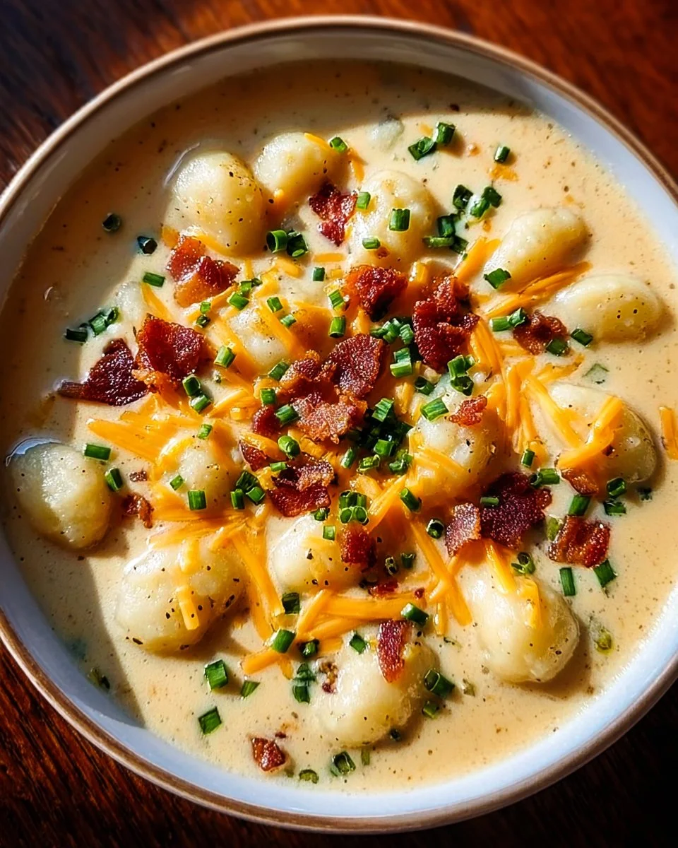 Bowl of cozy cheesy turkey bacon gnocchi soup topped with herbs