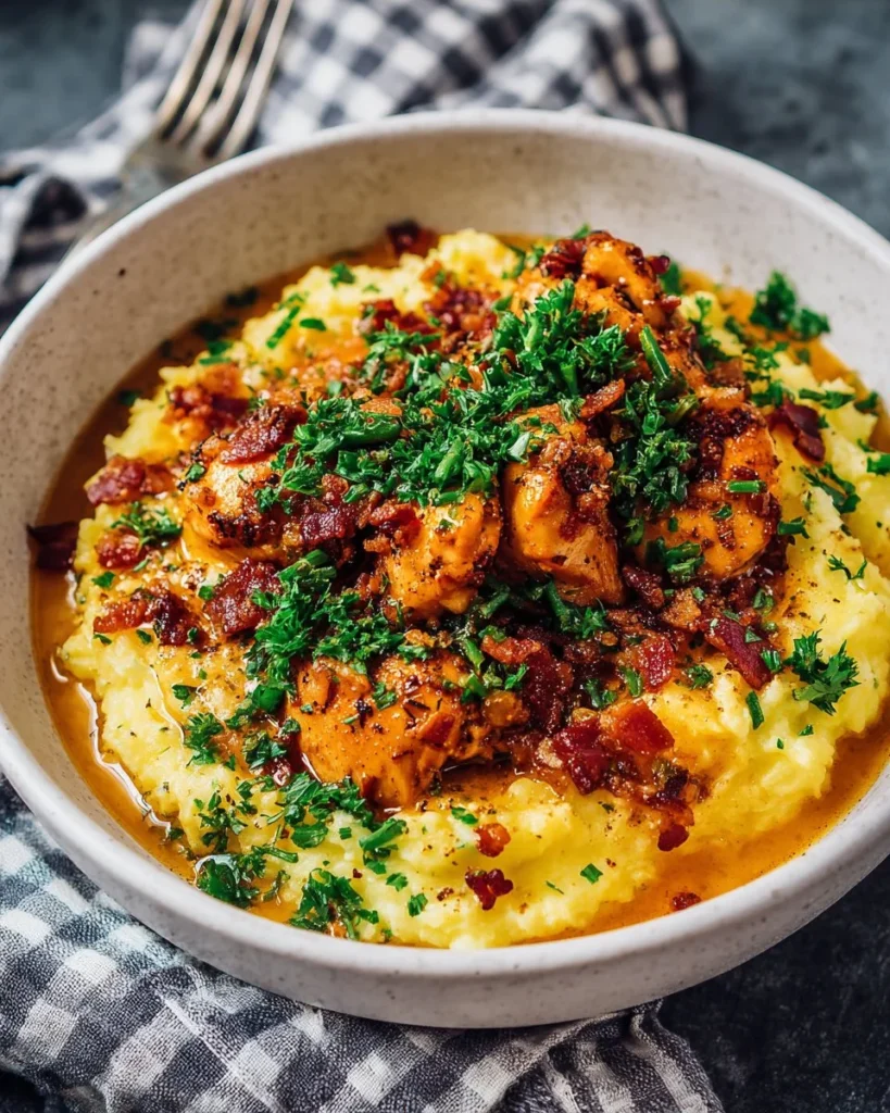 Delicious cozy Chicken Mashed Potato Bowls topped with herbs and spices.