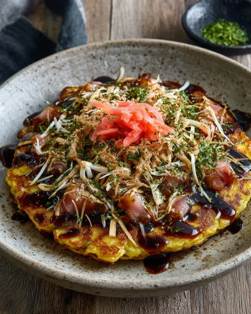 Delicious homemade Okonomiyaki Japanese savory pancake garnished with toppings.