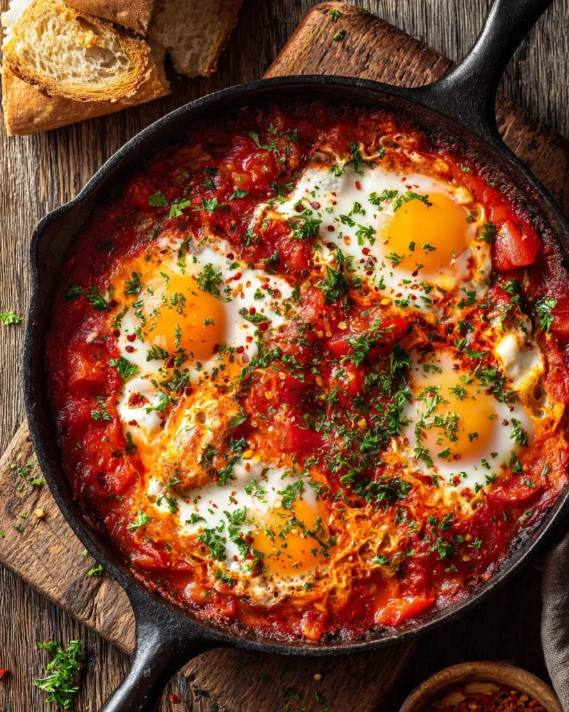 Cozy shakshuka with tomatoes and eggs in a skillet