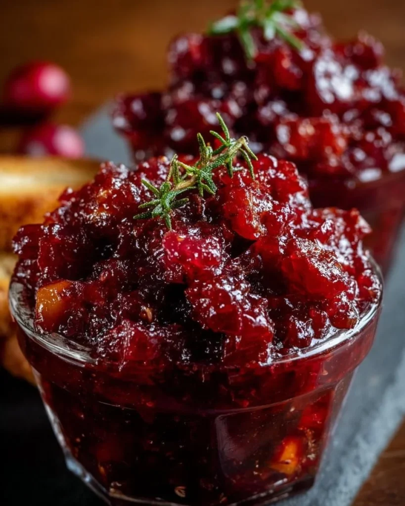Jar of homemade Cranberry Apple Chutney with fresh cranberries and apples