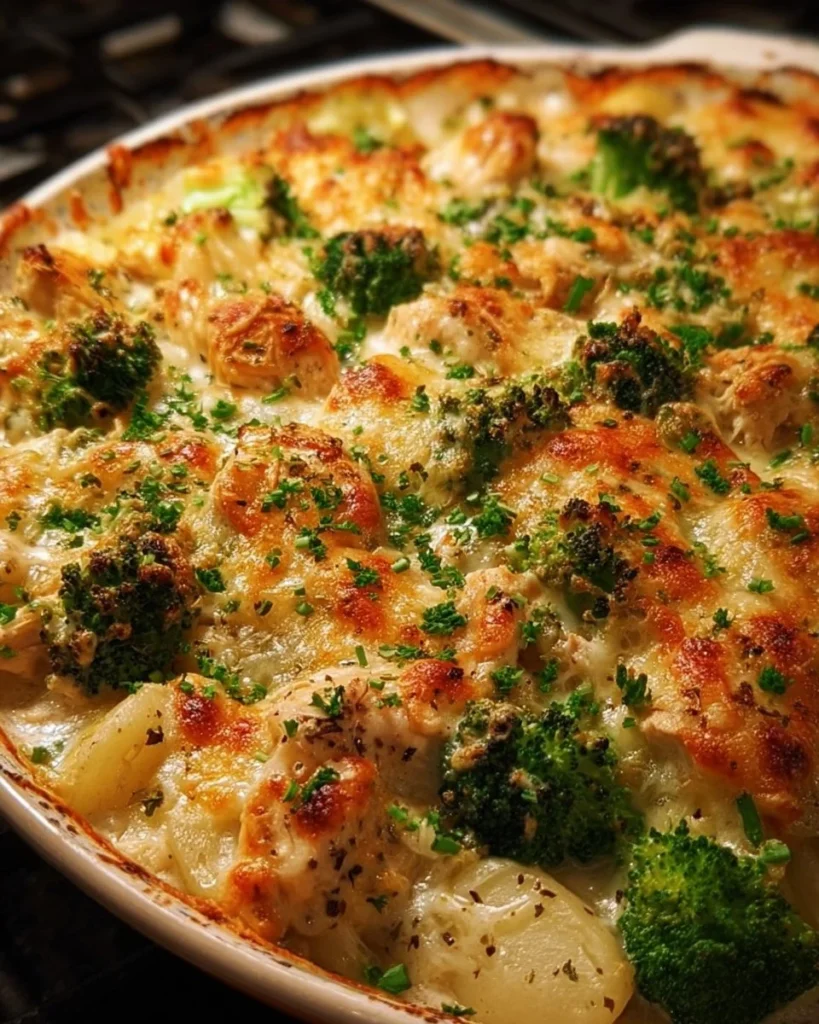 Creamy baked potato chicken and broccoli casserole topped with cheese and herbs