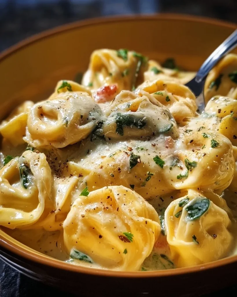 Creamy Crockpot Tortellini dish served in a bowl, topped with herbs.