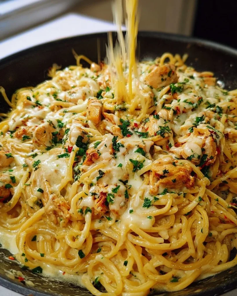 Creamy Monterey Chicken Spaghetti topped with herbs and cheese