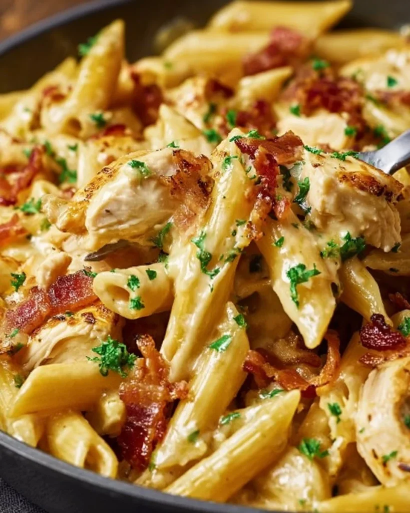 Creamy ranch chicken penne bake served in a white dish
