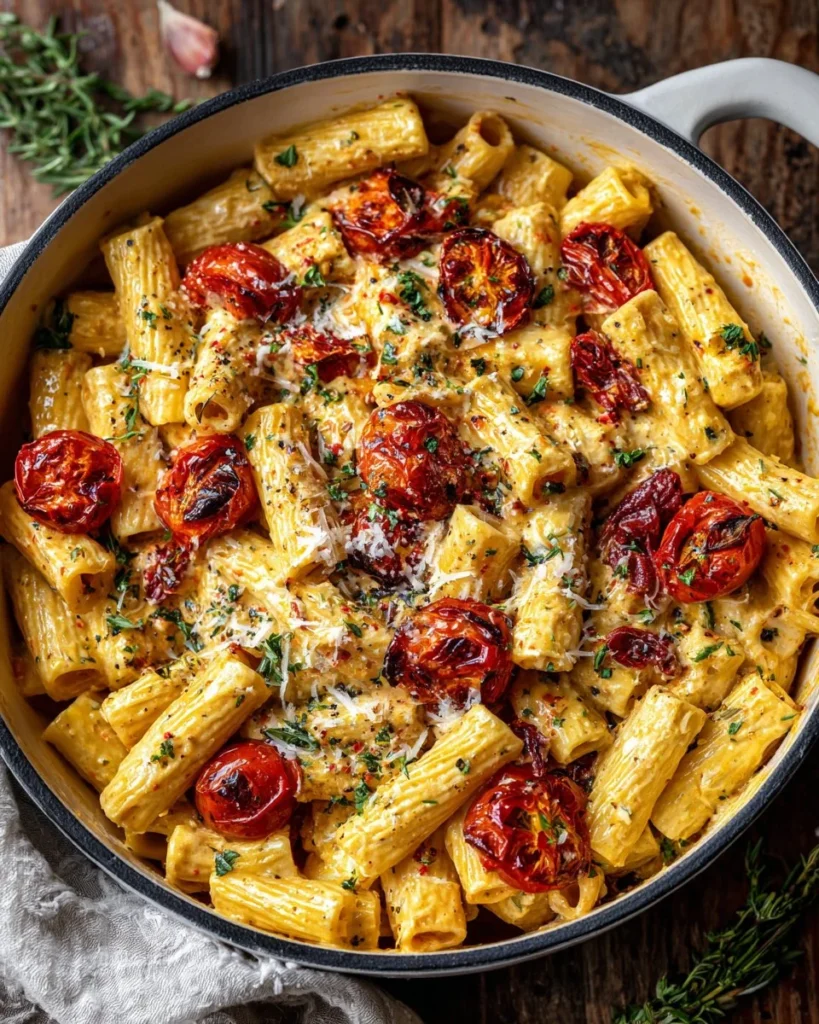 Creamy roasted tomato and garlic ricotta pasta garnished with fresh herbs